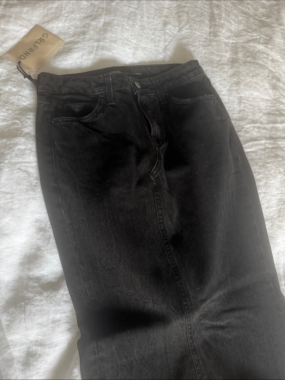 GRLFRND Black wash denim full length skirt